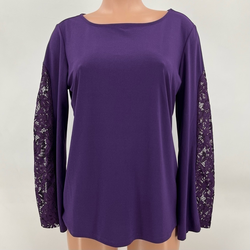 NWT Iman Global Chic Purple Bell Sleeve Lace Stretch Knit Top Size Medium